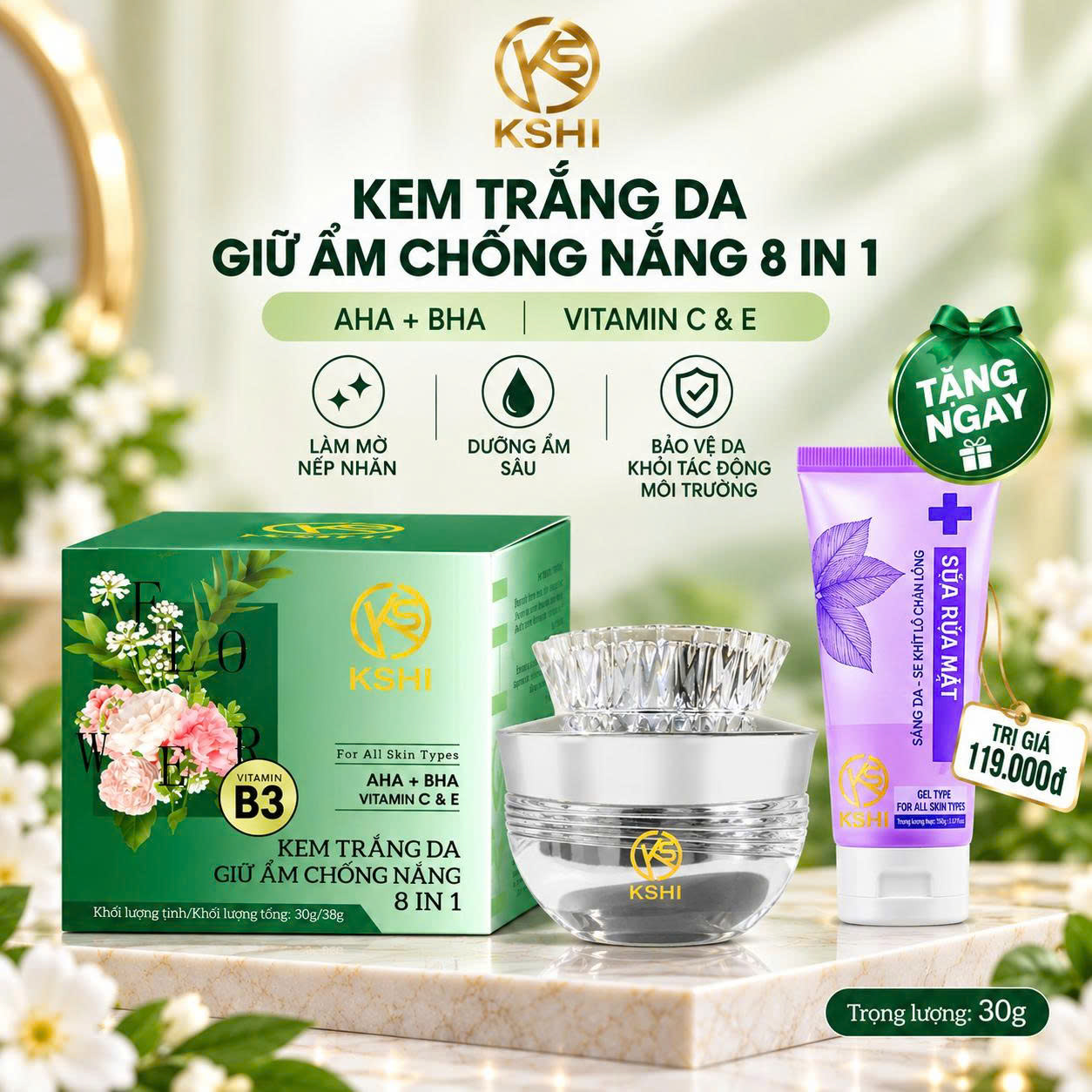 Kem Dưỡng Trắng Da, Giữ Ẩm, Chống Nắng 8 in 1 KSHI Vitamin B3 (30g)